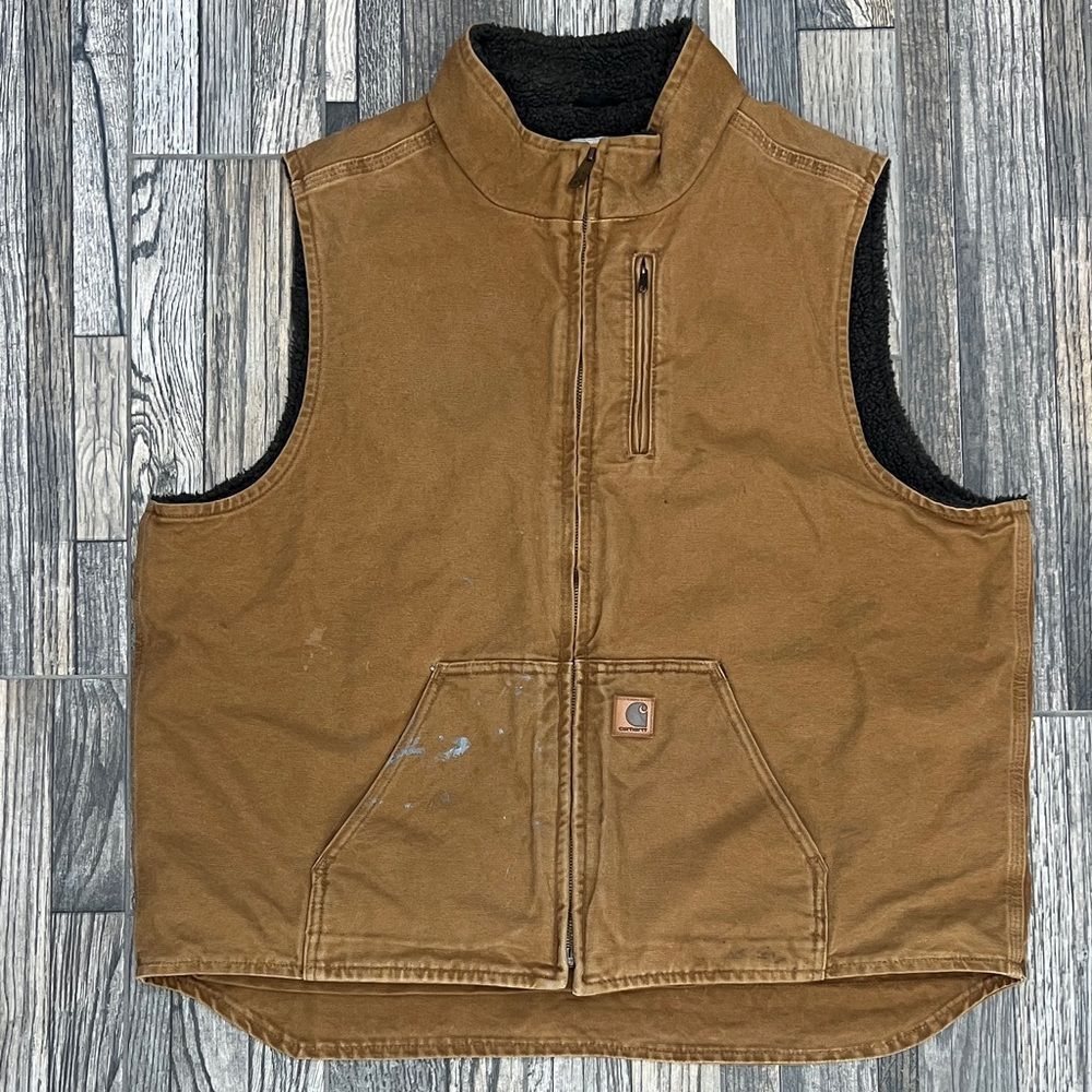 🔥🔥Vintage CARHARTT Sherpa Lined Denim Canvas Brown Outdoor Vest Men‎ Sz 2XL